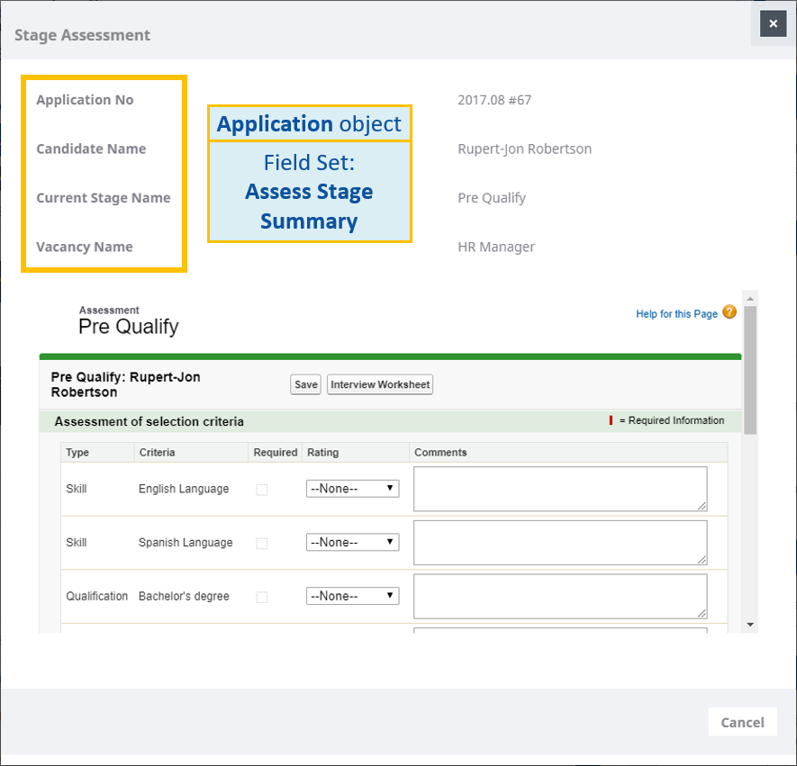 Annotated screenshot: Field Set fields on the Stage Assessment page